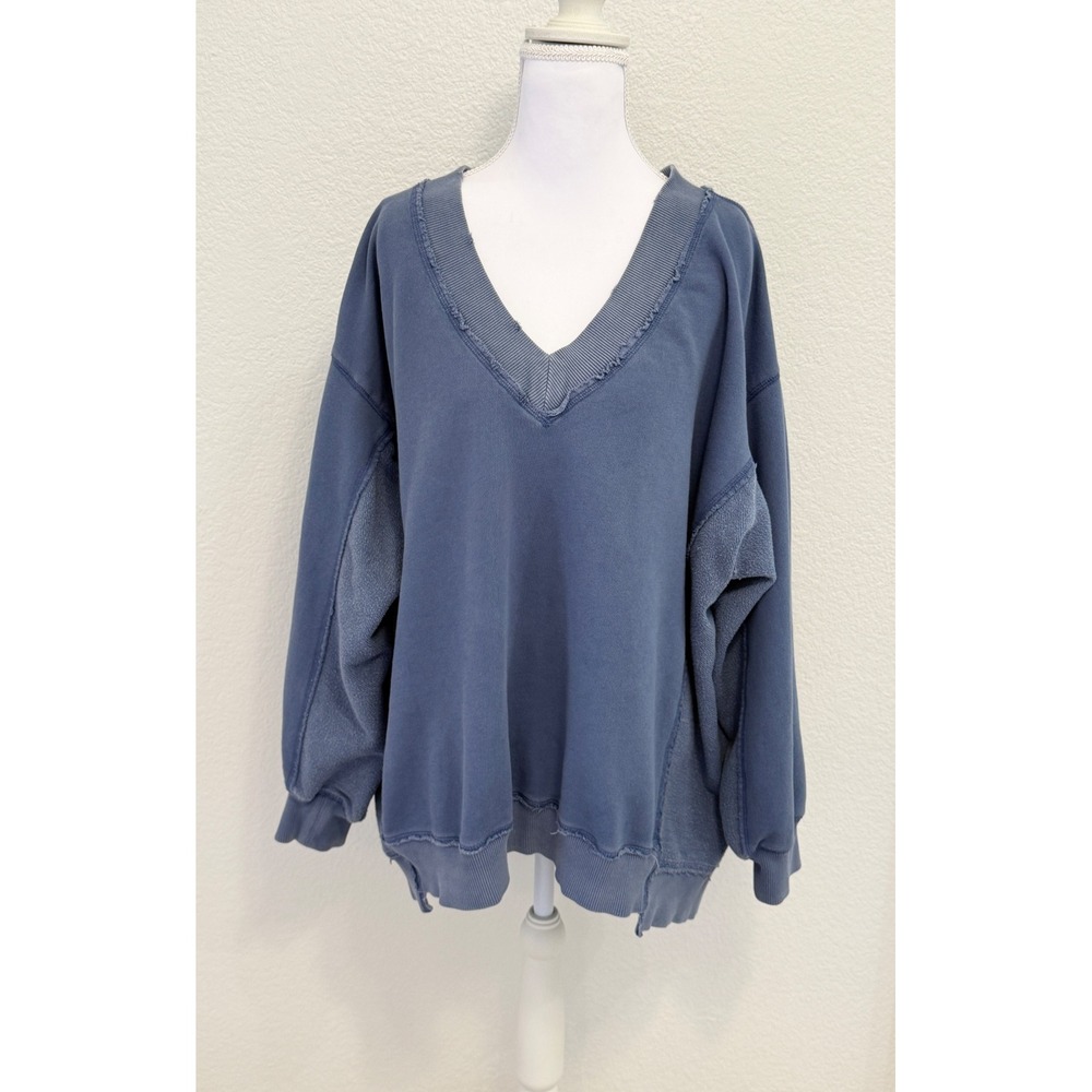 Aerie Oversized V-Neck Sweatshirt Blue Raw Edge Pullover Medium - Picture 3 of 9